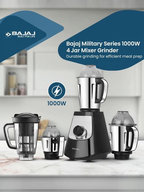 BAJAJ Military Series Evoque 4 Jar 1000 Watts Mixer Grinder 1000 W Mixer Grinder(Military Series Evoque 4 Jar 1000 Watts Mixer Grinder | 4 Jars | Black)