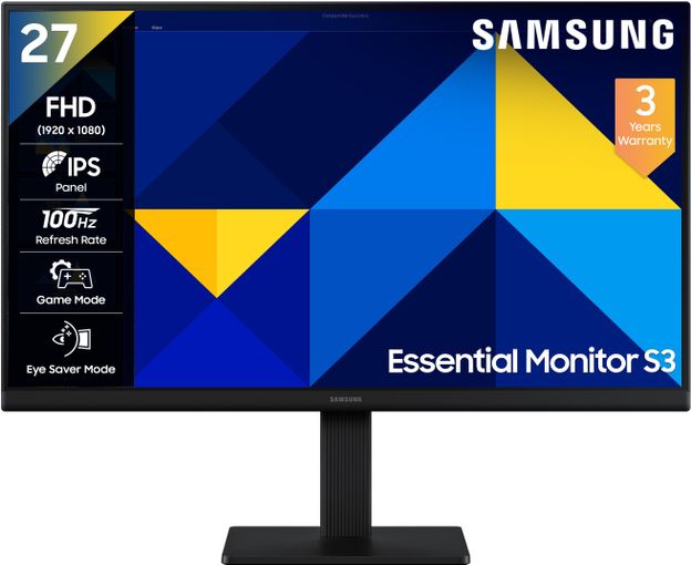 Samsung S3 68.6 cm (27 inch) Full HD LED Backlit IPS Panel with Super Slim Borderless Design, Ports-HDMI, VGA, Game Mode, Eye Saver Mode, Wall Mountable, Black Monitor (LS27D300GAWXXL)(Response Time: 5 ms, 100 Hz Refresh Rate)