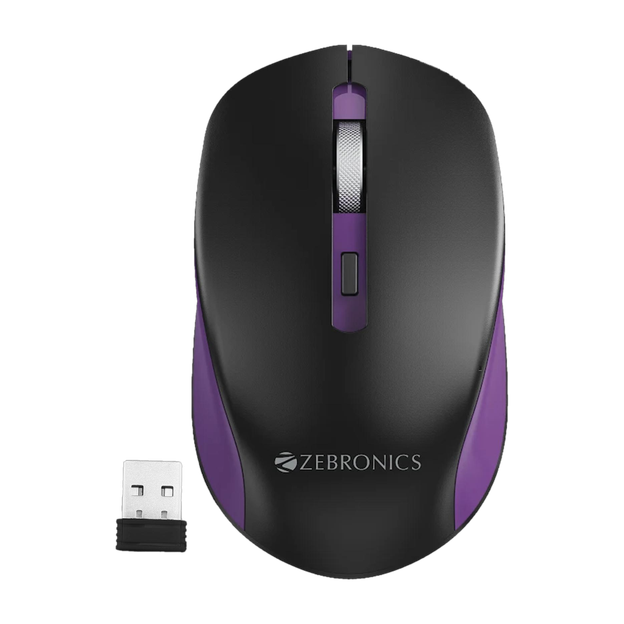 ZEBRONICS Jaguar Ambidextrous Optical Mouse with Upto 1600 DPI, 4 Buttons with DPI Switch, Silent Click Switches, Auto Power Saving(2.4GHz Wireless, Purple)