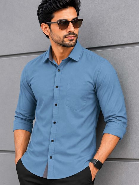 VeBNoR Men Solid Casual Blue Shirt