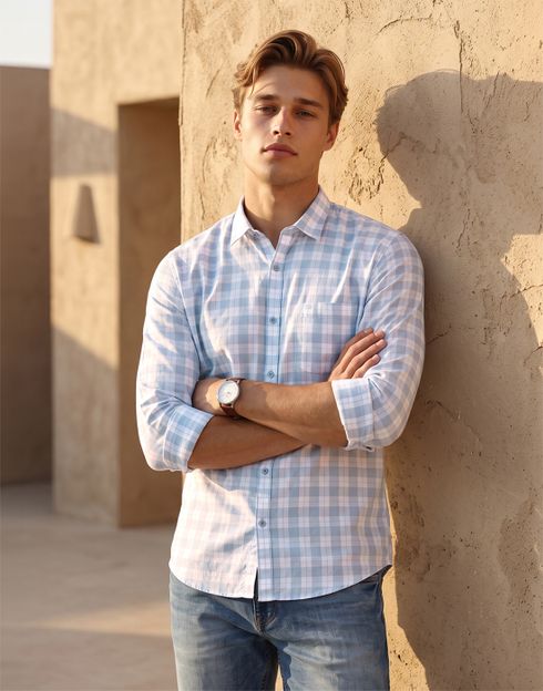 PETER ENGLAND Men Checkered Casual Light Blue Shirt