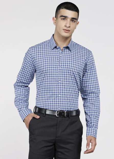 PETER ENGLAND Men Checkered Formal Blue Shirt