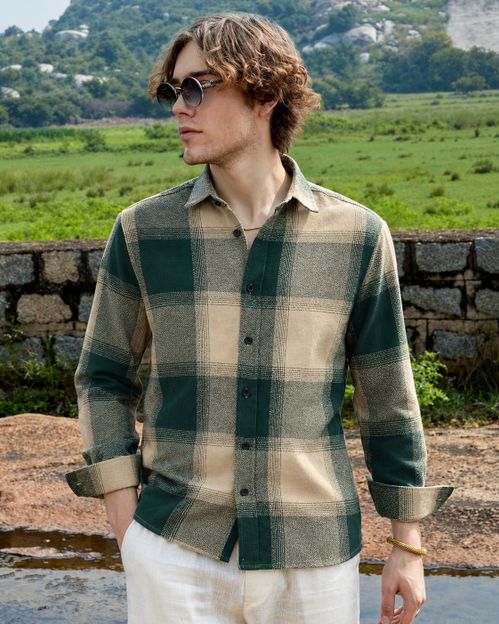 HERE&NOW Men Checkered Casual Dark Green Shirt