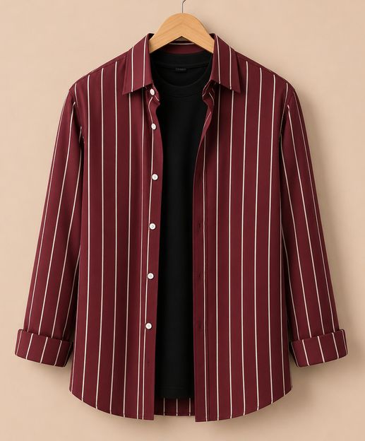 RODEIZ Men Striped Casual Maroon Shirt