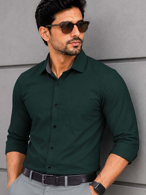 VeBNoR Men Solid Formal Dark Green Shirt