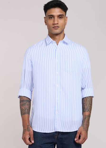 PETER ENGLAND Men Striped Casual Blue Shirt