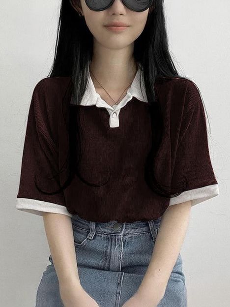 Black Buddy Solid, Self Design Women Polo Neck Brown T-Shirt