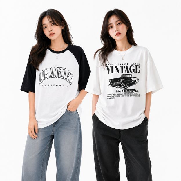 LOOKS Printed Women Round Neck White, Black T-Shirt