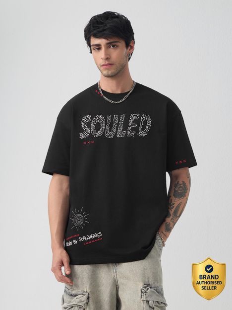 The Souled Store Embroidered Men Round Neck Black T-Shirt