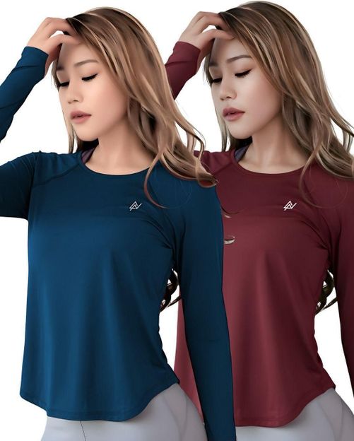 NEXSUS APPARELS Printed Women Round Neck Blue, Maroon T-Shirt