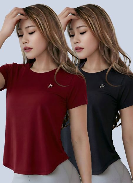 NEXSUS APPARELS Printed, Solid Women Round Neck Maroon, Black T-Shirt