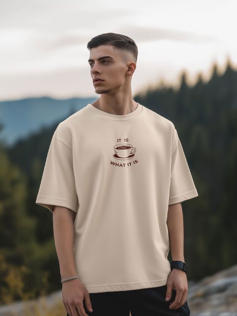 NOBERO Typography Men Crew Neck Beige T-Shirt