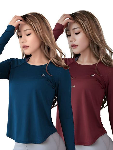 NEXSUS APPARELS Printed Women Round Neck Blue, Maroon T-Shirt