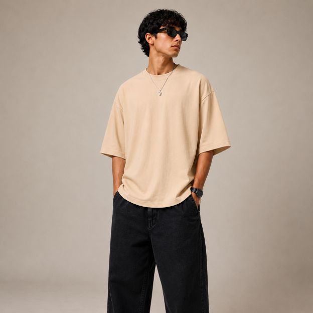 Greyscale Solid Men Round Neck Beige T-Shirt