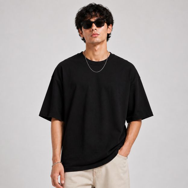 Greyscale Solid Men Round Neck Black T-Shirt