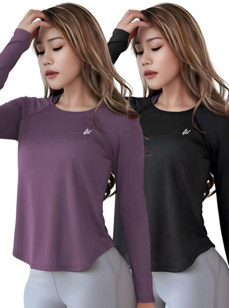 NEXSUS APPARELS Solid Women Round Neck Purple, Black T-Shirt