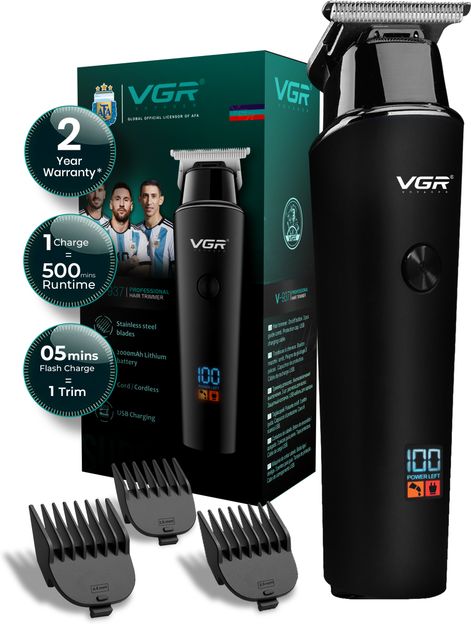 VGR V-937 Professional Hair Trimmer with LED Display Trimmer 500 min Runtime 4 Length Settings(Black)