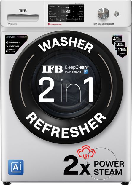 IFB 6 kg with 9 Swirl Wash, 2x Power Steam, 30 Min Steam Refresh Program, Eco Inverter Motor, DeepClean Powered by Ai� Fully Automatic Front Load Washing Machine with In-built Heater Silver(DIVA SXN 6010K CMS)
