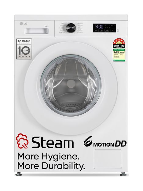 LG 7 kg 5 Star, Allergen free with Steam, Inverter Direct Drive - Less vibration, less noise, 6 Motion Direct Drive, Touch Panel, 1200 RPM, Essence Fully Automatic Front Load Washing Machine with In-built Heater White(FHB1207Z2W)