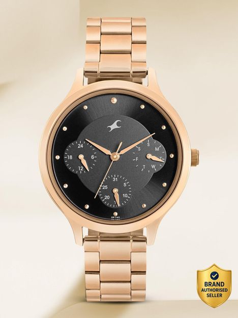 Fastrack FK Exclusive Analog Watch For Girls 6285WM05 Alpha Multifunction Black Dial Rose Gold Metal Stap Analog Watch - For Women