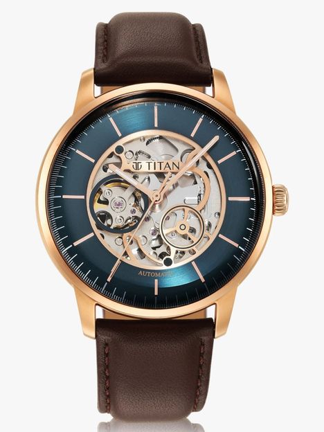 Titan Mechanical Automatic Teal Blue Dial Brown LeatherStrap Analog Watch - For Men