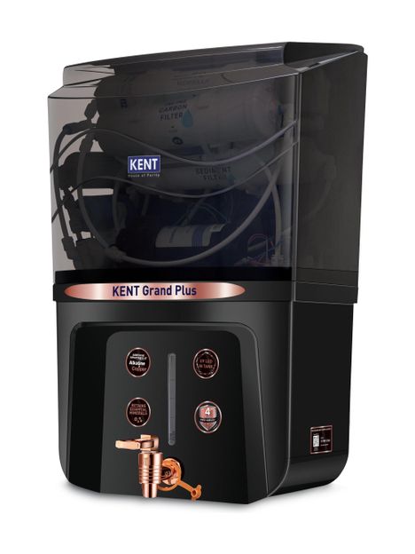 KENT Grand Plus Alkaline + Copper 9 L RO + UV + UF + Copper + Alkaline + TDS Control Water Purifier ISI Marked Auto Flush Feature9L Tank20 LP/Hr Ideal For Borewell/Tanker/Municipal Water(Black)