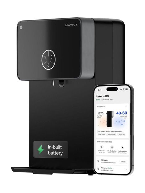 NATIVE By Urban Company M2 Pro 7 L. RO + UV + Alkaline + Minerals Water Purifier 10-Stage Smart Water Purifier | In-built power backup | No Service for 2 Years | Advanced Smart iOT Tracking(Black)