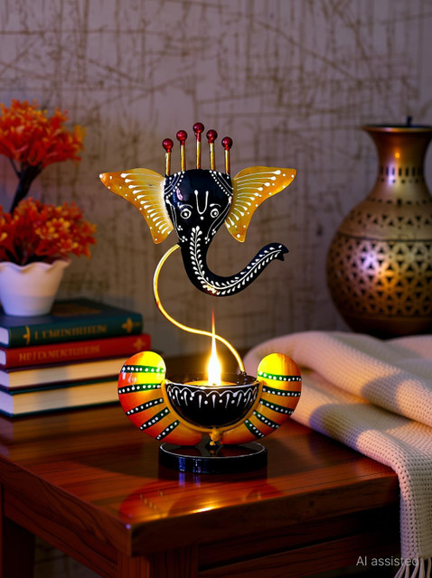 Medieval Arts Handpainted Decorative Showpiece Ganeshji T-Light Candle Holder Iron Table Diya(Height:&hellip;