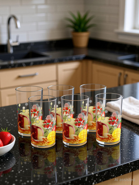 BELLERBIRD (Pack of 6) Fruit Design Printing Transparent Unbreakable Glass Set Water/Juice&hellip;