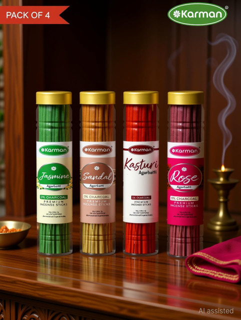Karman PREMIUM Chandan, Mogra, Rose,Kasturi Agarbatti Jar (4×100)400gm. Four Deferent Fragrance (240&hellip;