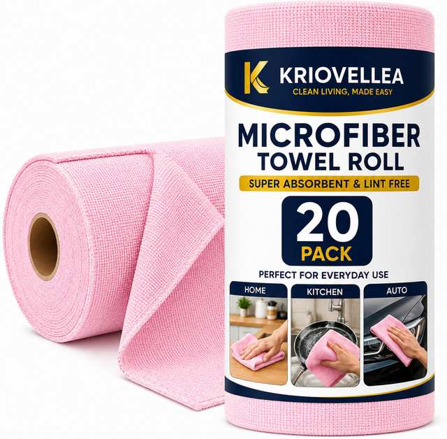 KRIOVELLEA Microfiber Cleaning Cloth Roll 20 Pack Pink Cloth Napkins(20 Sheets)