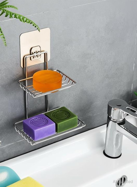 ARAKA Double Layer Stainless Steel Soap Dish Storage Organizer Holder Self-Adhesive Waterproof&hellip;