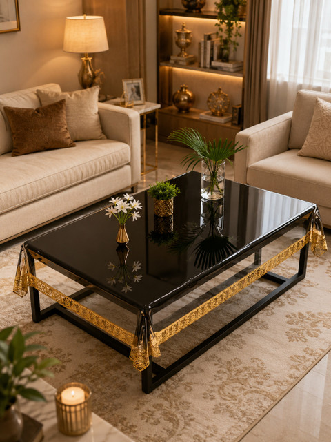 HD Plastic 4 Seater Printed Table Cover(Golden, Transparent)