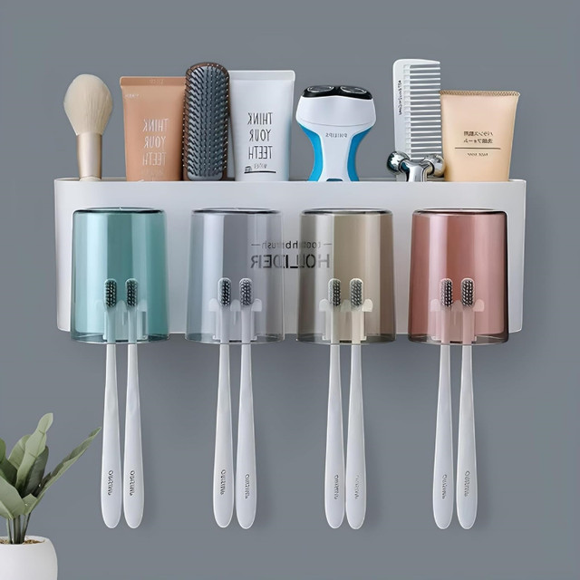 FlatKitch Toothbrush Holder for Bathroom - Stickable Plastic Toothbrush Holder(Multicolor)