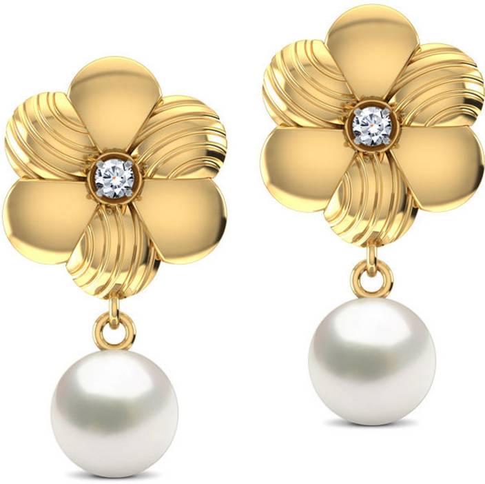 Caratlane Brushed Floral Yellow Gold 18kt Diamond, Pearl Drop Earring