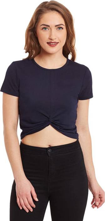 Miss Chase Casual Short Sleeve Solid Women's Dark Blue Top