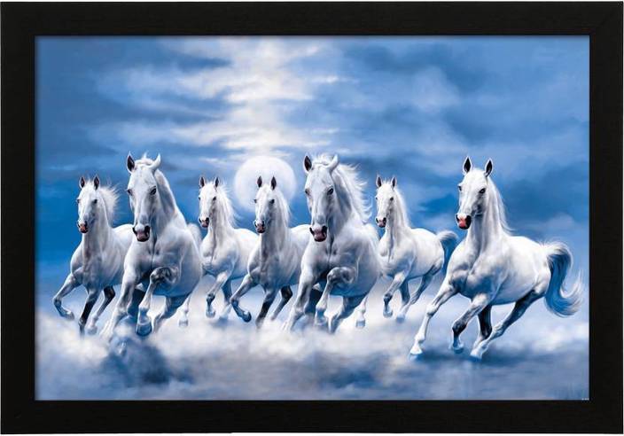 fantasy gifts vastu seven horse - white digital reprint 12 inch x 18