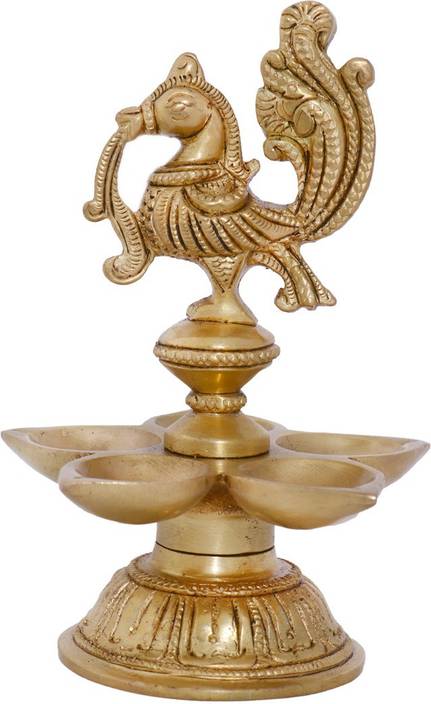 Ratnatraya Brass Five Diya Peacock Stand For Pooja Room Temple