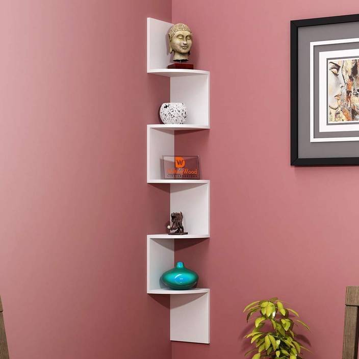 Ecraftindia Zigzag Corner Wall Mount Shelf Unit White Wooden