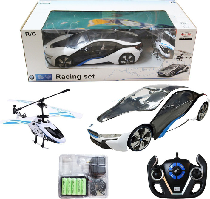 1:14 Rastar Speed Twins BMW i8 Car & Helicopter Combo Radio Remote Control Car 
