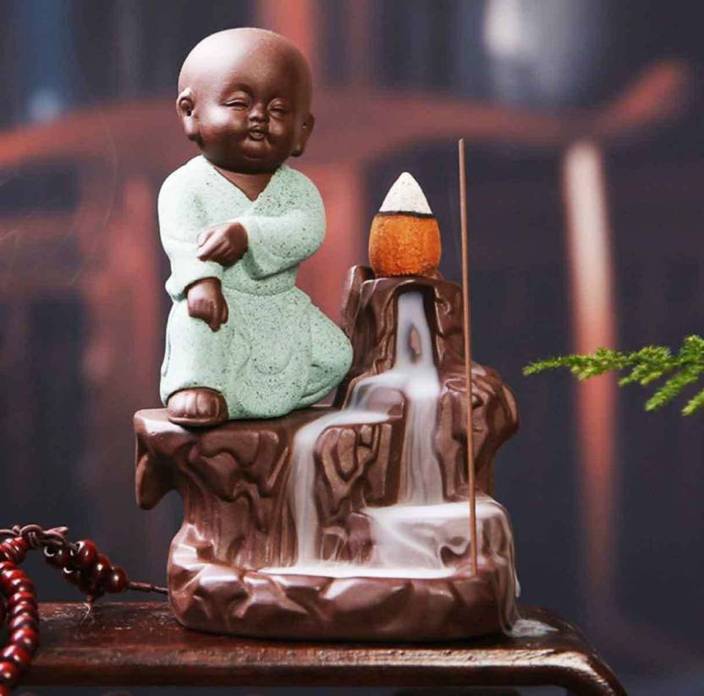 Brothers Creation Monk Buddha Smoke Backflow Cone Incense Holder Decorative Showpiece With 10 Free Smoke Backflow Decorative Showpiece 12 Cm