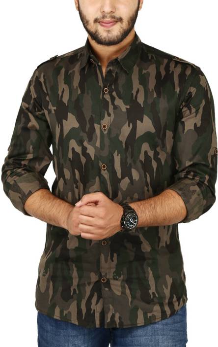 BASE 41 Men's Military Camouflage Casual Green Shirt