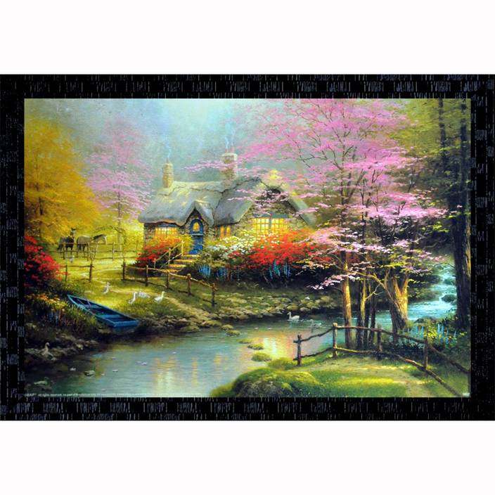 Janki Beautiful House Trees And Sky Water River Nature Scene Wall Painting Canvas 14 Inch X 20 Inch Painting