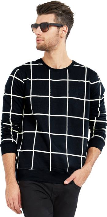 Maniac Checkered Men Round Neck Black, White T-Shirt