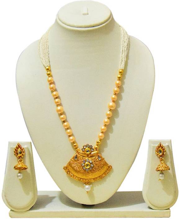 Kailasmegha Jewellery Pearl Kundan Golden Pendant Kailasmegha Jewellery Pearl Kundan Golden Pendant Necklace Earrings Set For Women Gold Plated Alloy In India
