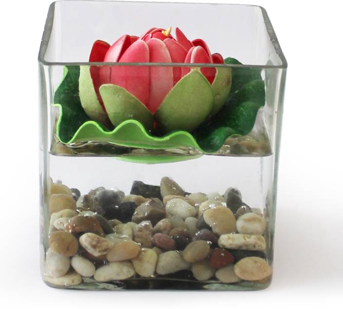 Tied Ribbons Square Glass Vessel With Faux Lotus And Natural