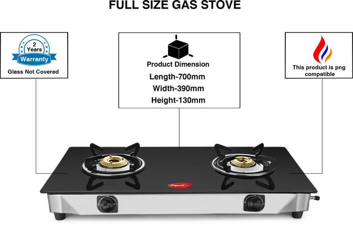 Pigeon Full Size Sterling Blackline 2 Burner Glass Top Gas Stove