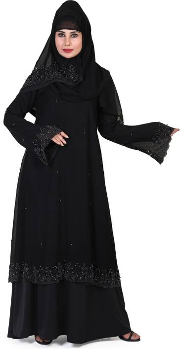 Dc Stylish Diamond Stone Work Black Abaya Burqa With Hijab And