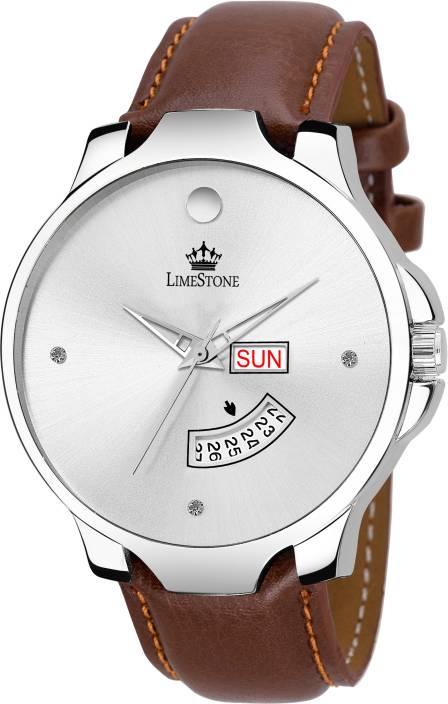 LimeStone LS2741 The Stud Day and Date Tan Strap Analog...
