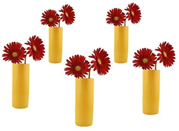 Woodenclave Ceramic Cylindrical Cyld Flower Vase Yellow Set Of 5